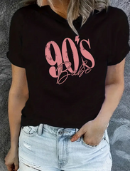 90's Babe shirt Women's Letter & Figure Print Vintage Graphic tees Crew Neck Sweatshirt New Trendy Casual Daily Wear